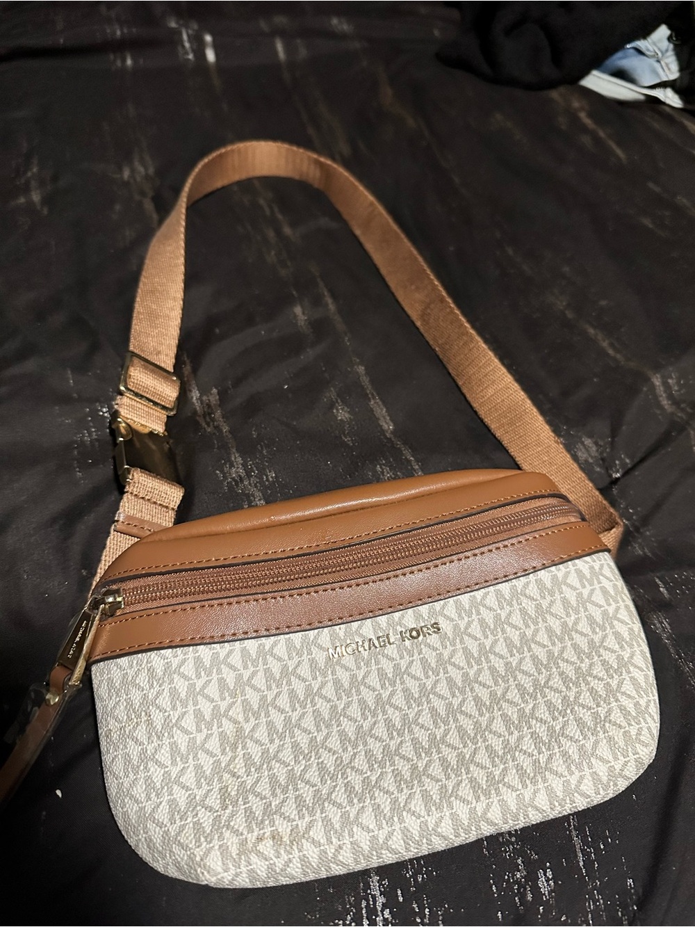 Michael Kors Cream and Brown Signature Crossbody Belt Bag